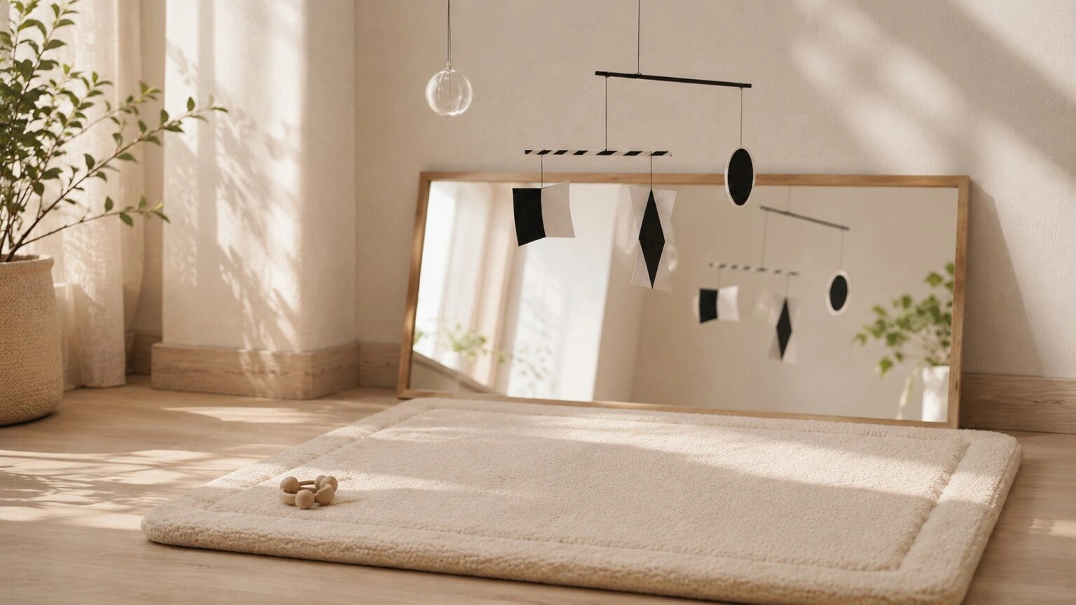 Black and white Montessori Munari mobile hanging above a baby's floor mat next to a low mirror