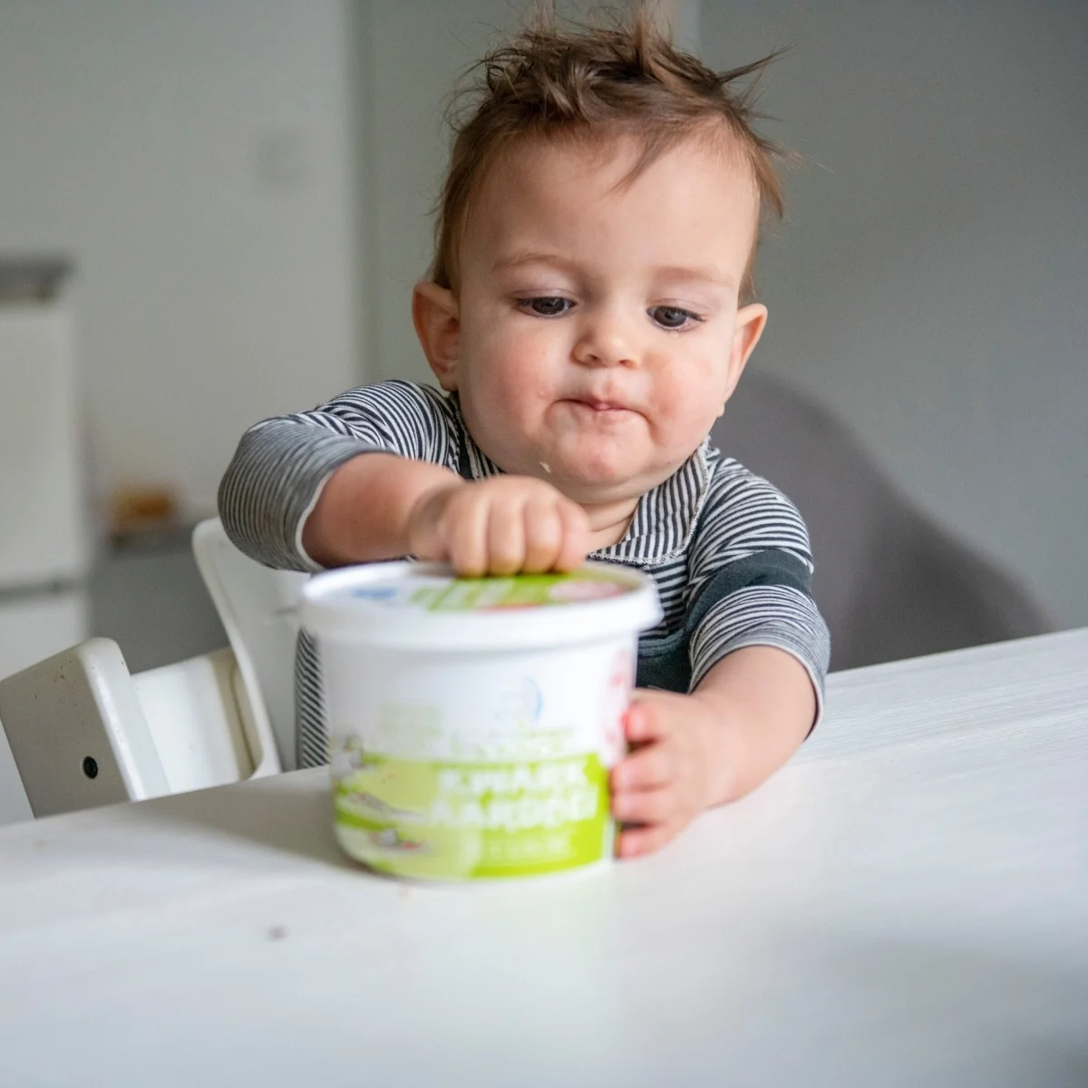 Baby at a table, concentrating hard with both hands on the lid of a plastic tub