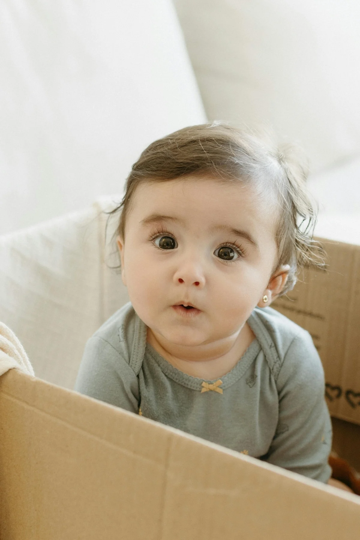Baby with wide eyes sitting inside an empty cardboard box in front of a cream sofa