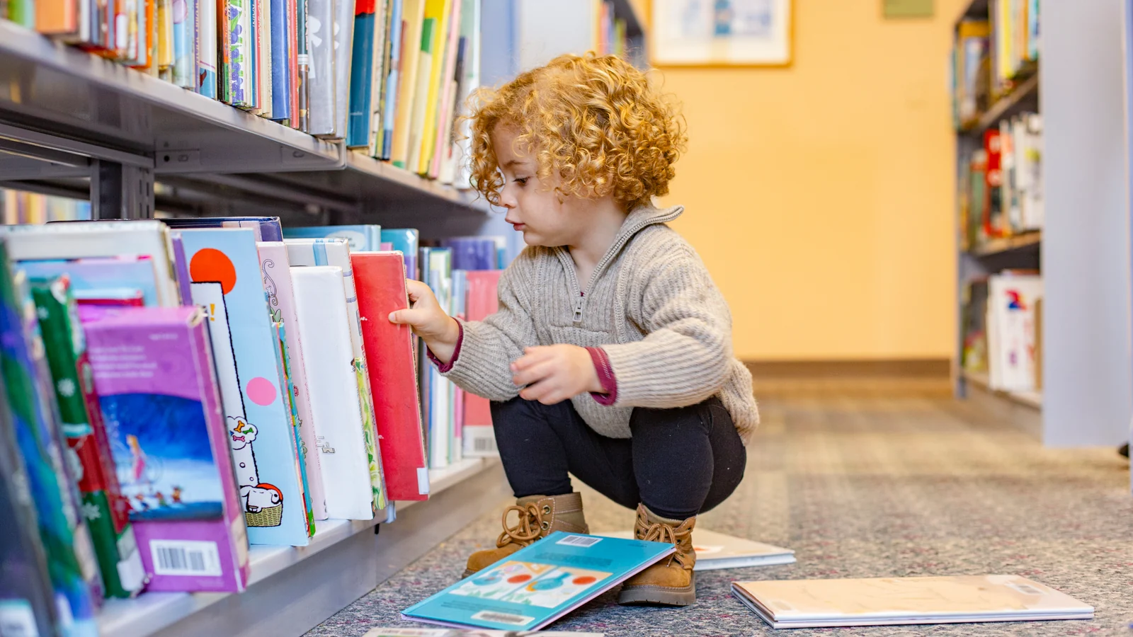 A toddler crouches at a low library shelf, picking a picture book alone: the choice a front facing bookshelf makes easy