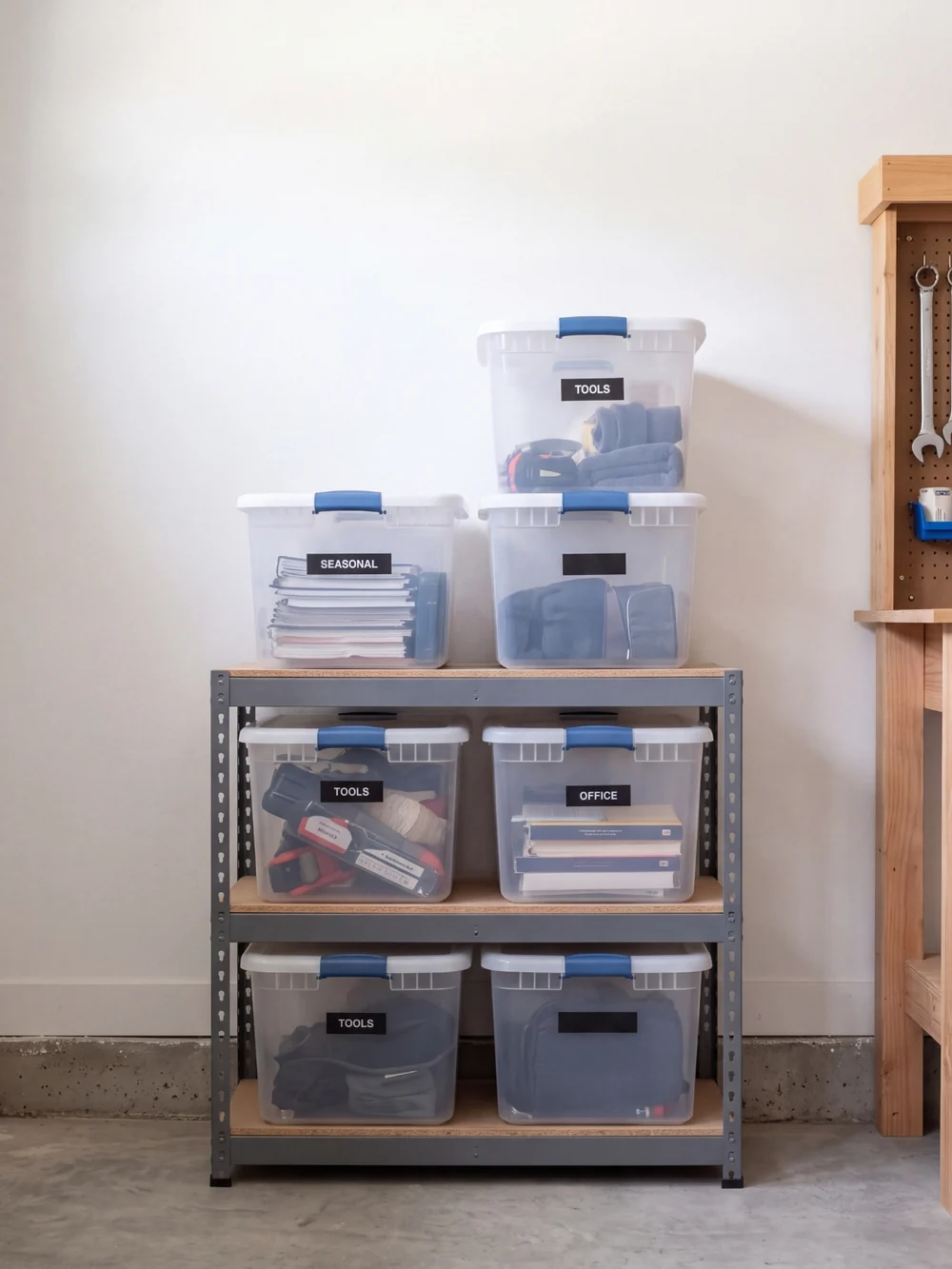 Clear lidded storage bins with black labels on a metal shelving unit against a white wall