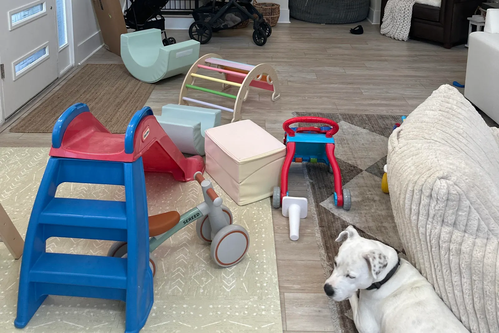 Living room play corner with a blue and red slide, rainbow climbing arch, foam blocks, push walker and a dog resting nearby