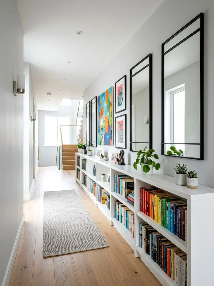 A long, low white shelf of books and small plants along a hallway wall, with a narrow gray runner rug in front