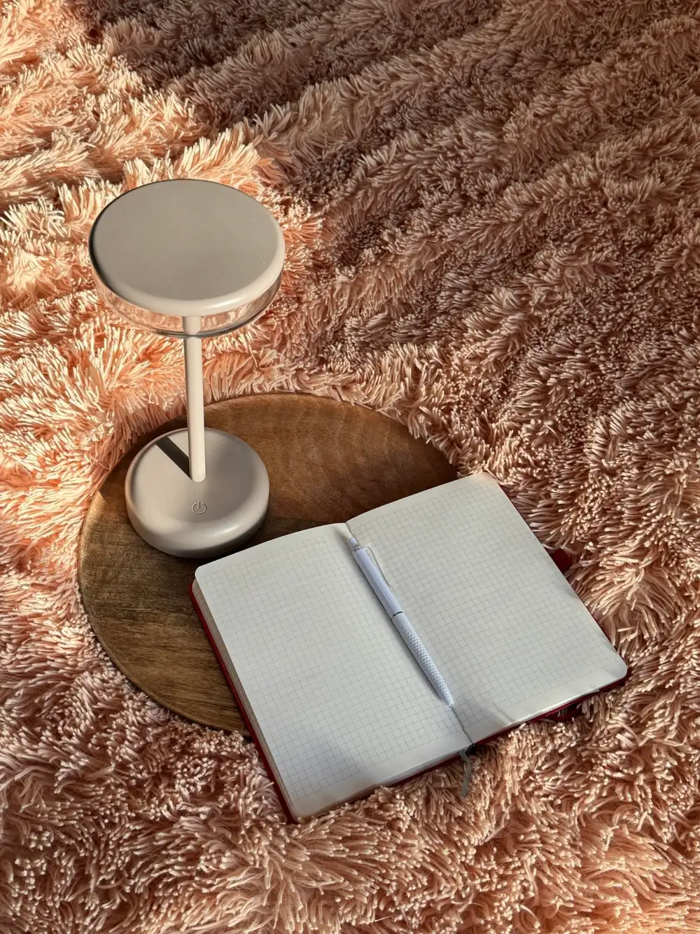 An open notebook with a pen lying on a shaggy rug beside a small lamp