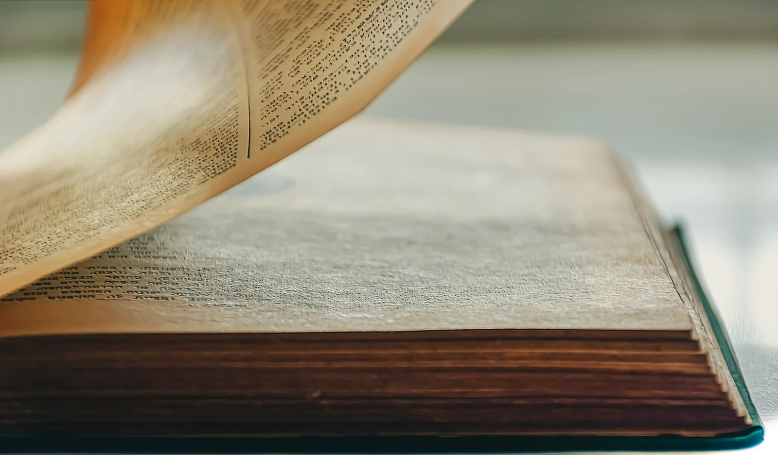 Close-up of an open book with slightly yellowed pages lying on a table