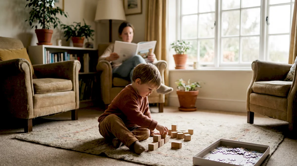 A parent reads in an armchair while a young child plays with wooden blocks on the rug nearby