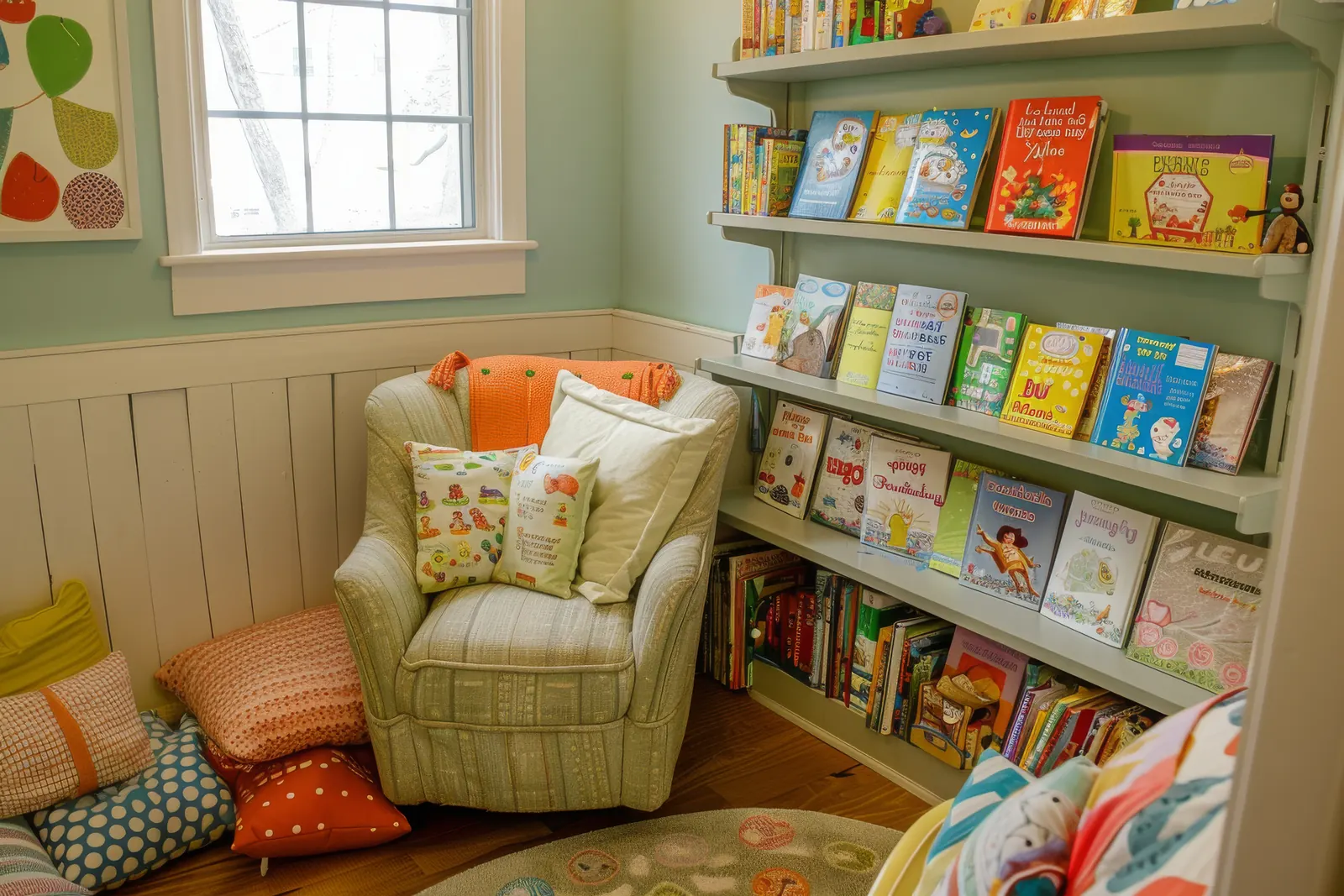 A cozy reading corner by a window with an armchair, floor cushions and wall shelves of picture books standing cover-out