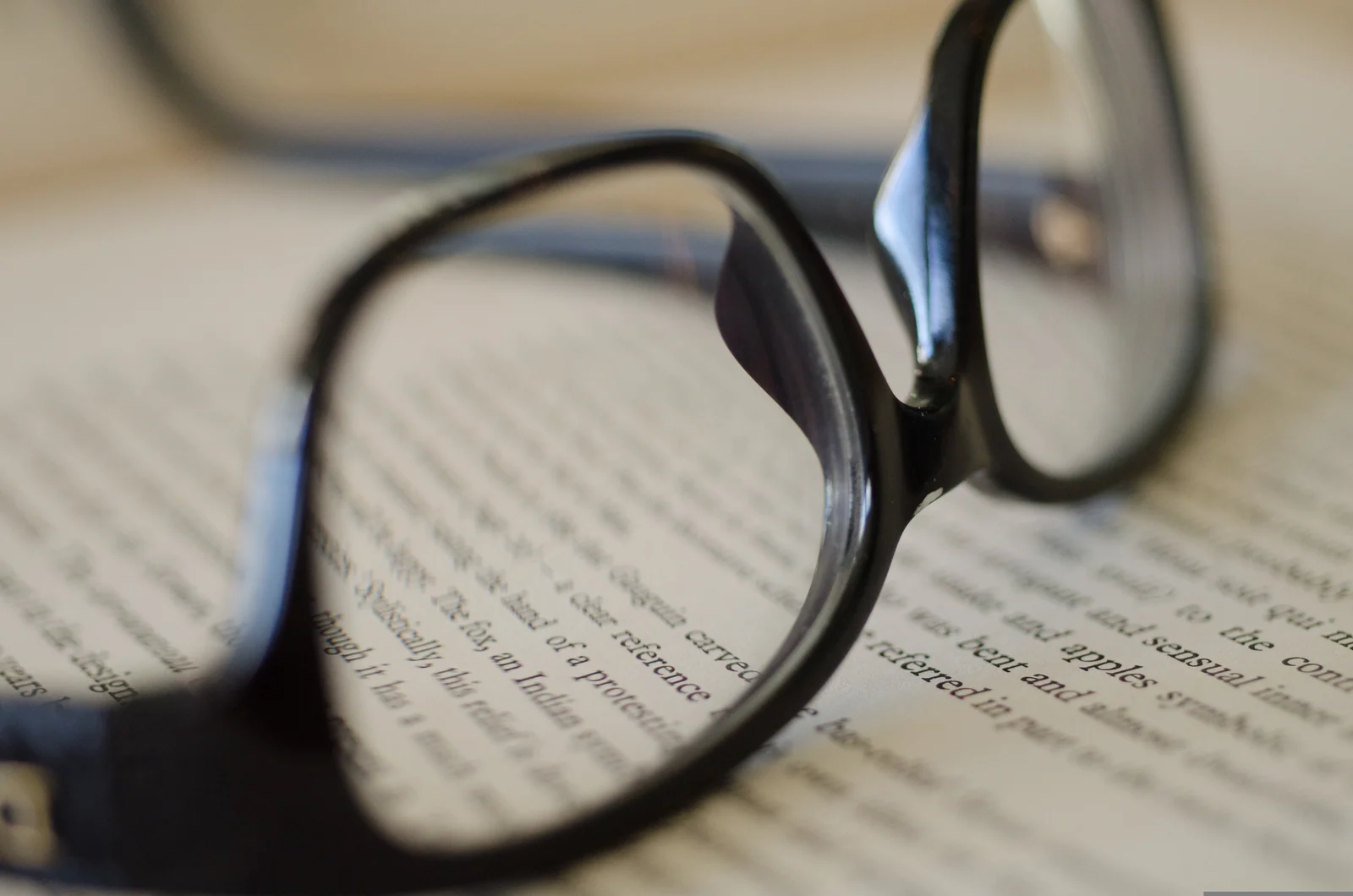 Reading glasses resting on a printed page of text