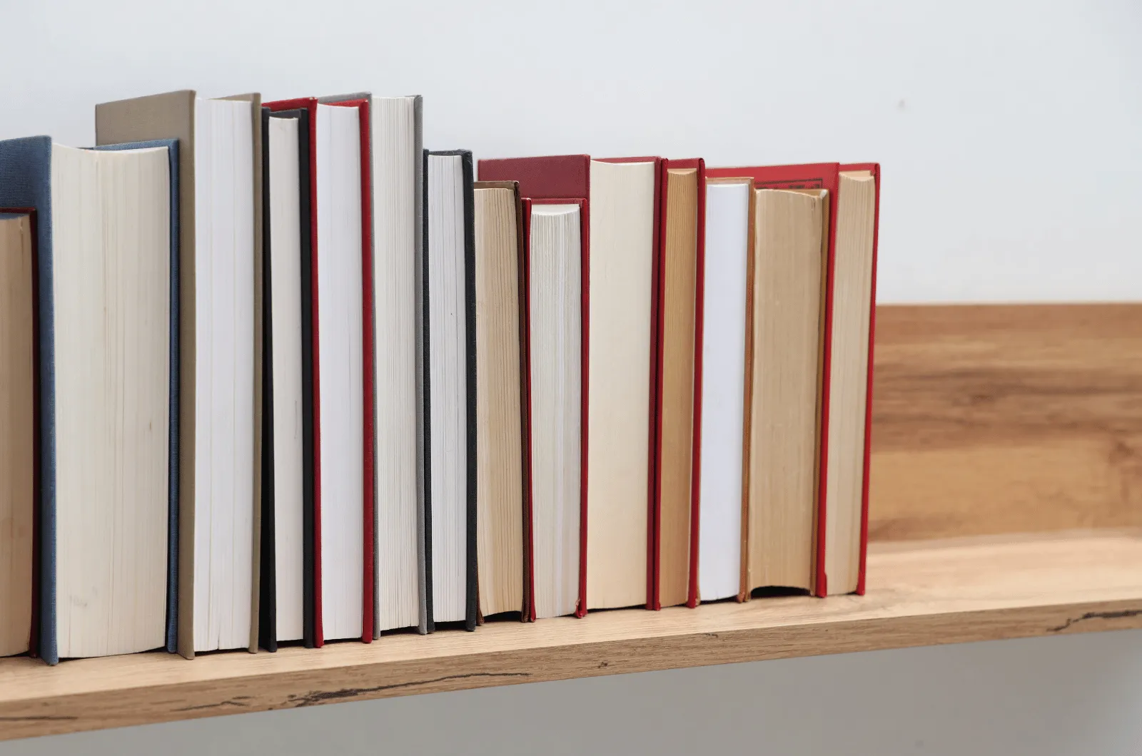 Row of books standing on a shelf, from a small board book to a thick novel