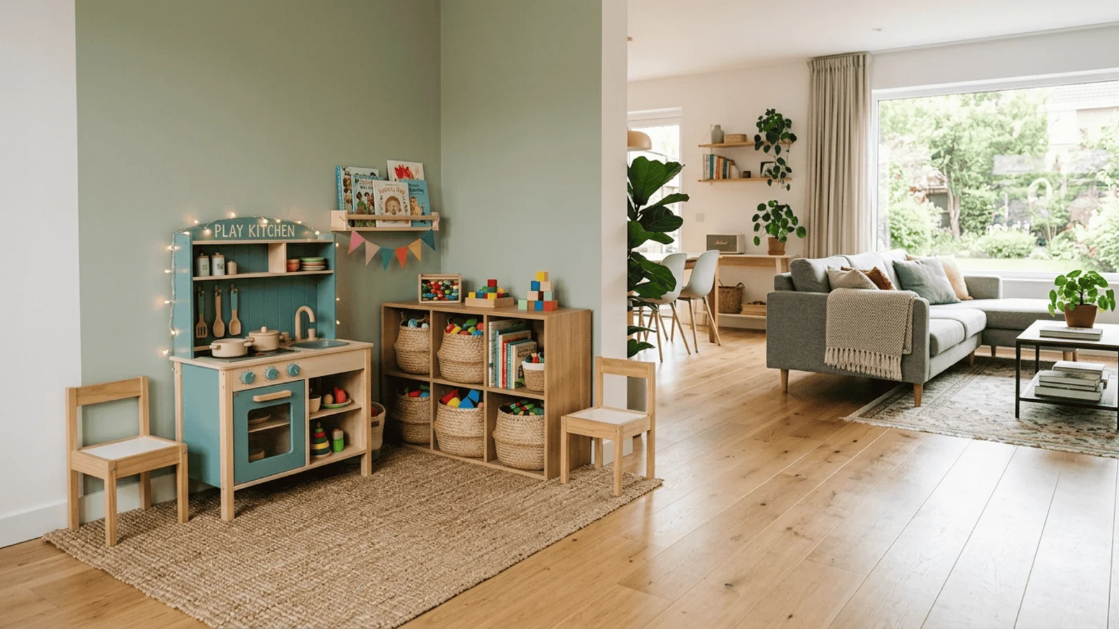 Small playroom design ideas: a play kitchen and a low shelf with baskets on a jute rug in a living room corner