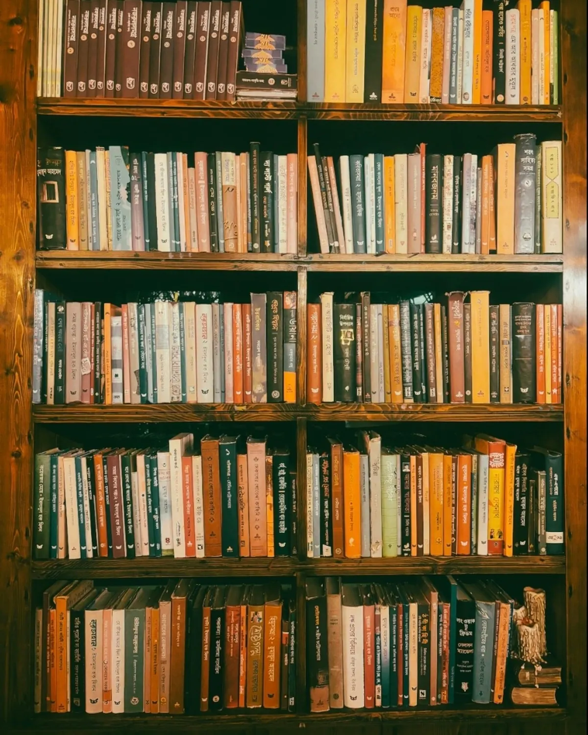 A tall bookcase packed tightly with books standing spine-out on every shelf