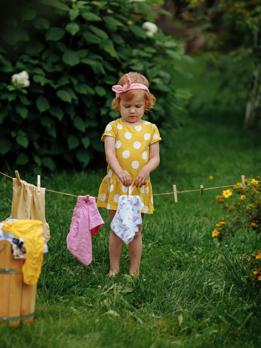 A toddler in a yellow dress stands at a low clothesline in a garden with small cloths hung on it