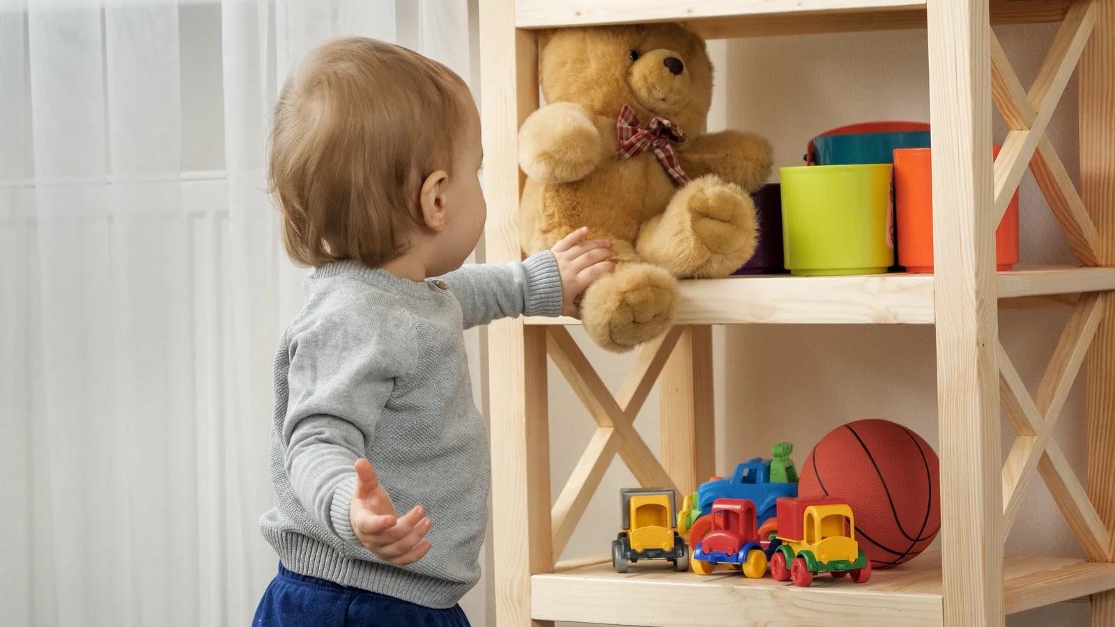 A toddler in a gray sweater reaches up to a teddy bear on an open wooden shelf with toy trucks, cups and a ball