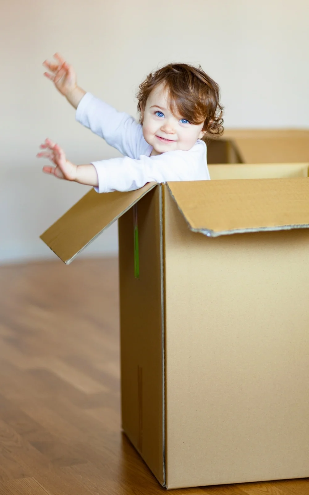 A toddler sits in an open cardboard box with arms stretched wide