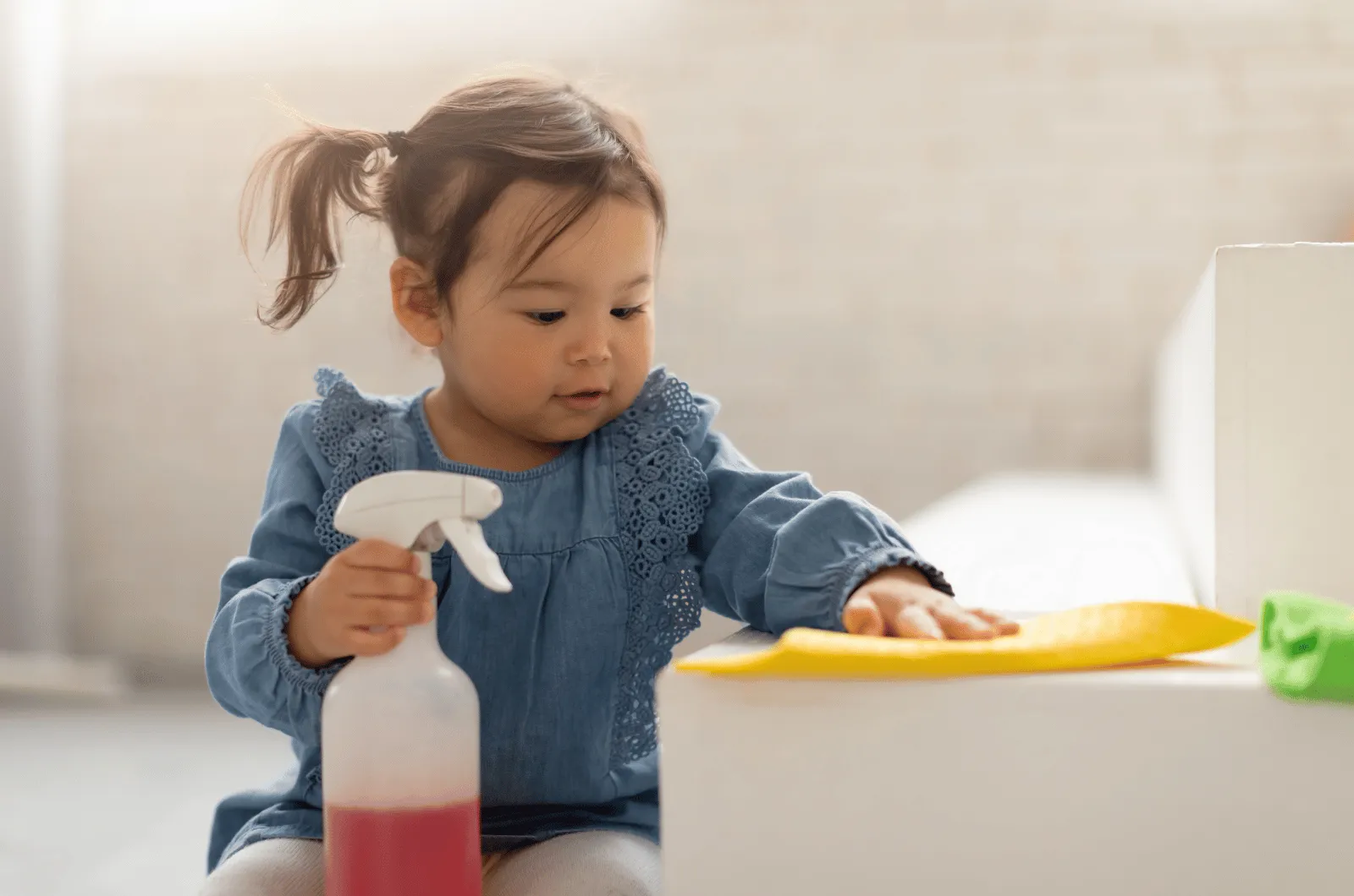 Toddler wiping a small table with a cloth next to a little spray bottle of water