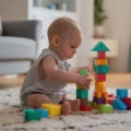 A baby on a patterned rug stacks colorful wooden blocks into a tower: open-ended toys for toddlers