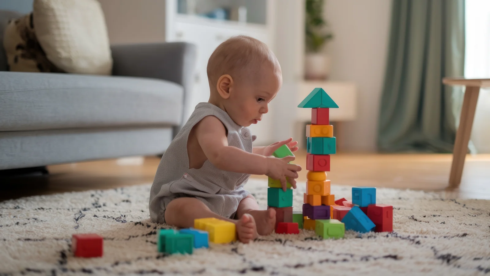A baby on a patterned rug stacks colorful wooden blocks into a tower: open-ended toys for toddlers